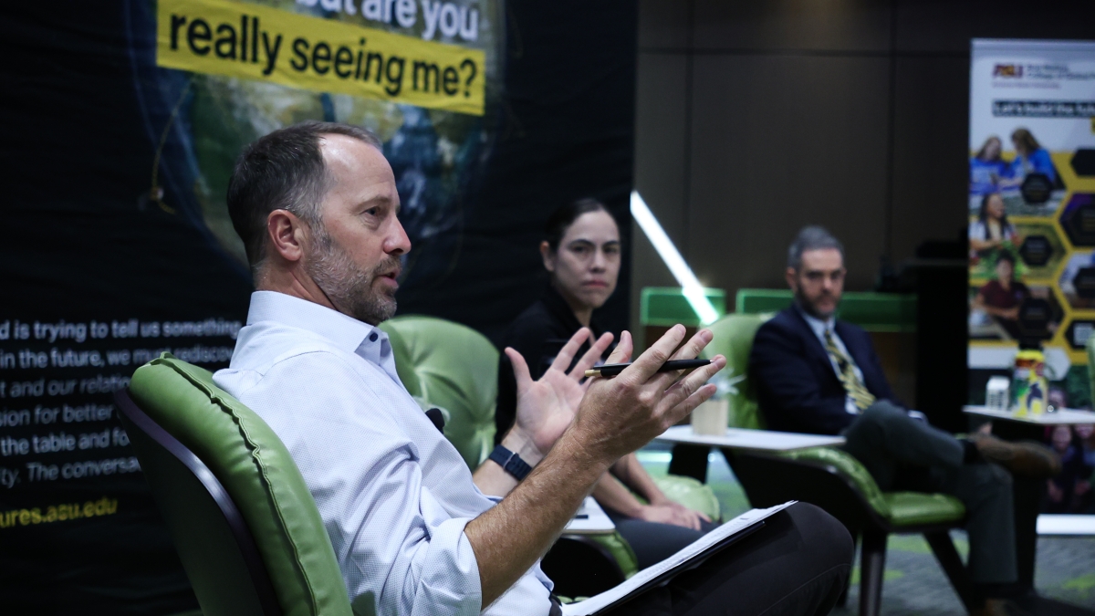 Jack Kittinger, Director of the Rob Walton School of Conservation Futures, speaks alongside Assistant Professors, Karla Vargas and Jesse Senko at the Conservation Forward panel on Thursday, April 16 at the Walton Center for Planetary Health. Photography by Donovan Johnson